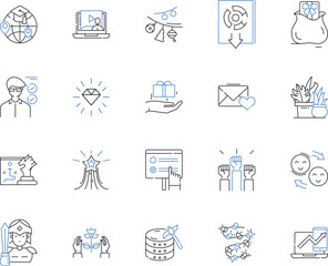 performance art outline icons collection. Performance, Art, Theatre, Dance, Music, Visual, Installation vector and illustration concept set. Activism, Poetry, Puppetry linear signs
