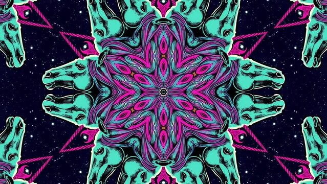 Unicorn abstract kaleidescope neon magic short animated clips for vj dj background music visualizer, weird alpha layer, trippy montage illustrated retro mirrored swirling animation