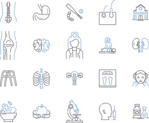 Health and sport outline icons collection. Fitness, Exercise, Wellness, Running, Strength, Yoga, Cycling vector and illustration concept set. Workout, Basketball, Hockey linear signs
