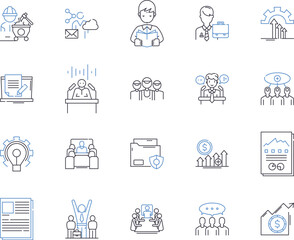 Fototapeta premium Employee life outline icons collection. Worker, Job, Joblessness, Salary, Benefits, Performance, Motivation vector and illustration concept set. Reward, Hours, Vacation linear signs