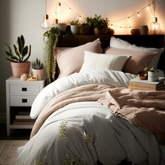 cozy bedroom interior with a bed and many pillows and a luminous garland
