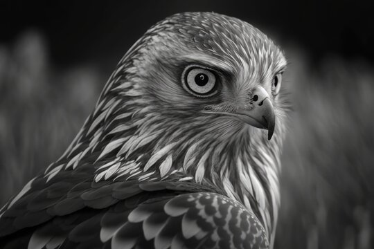 Hen Harrier (Circus cyaneus) macro effect close up, black and white image. Generative AI