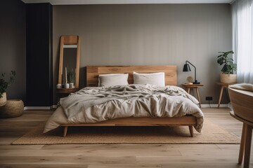 Cozy Beautiful Minimalist bedroom with natural wood accents Interior Design for Your Home: Bold, Colorful, and Unique Style for Room Renovations, Furniture, and Architecture (generative AI)