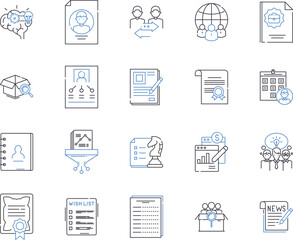 Document flow outline icons collection. Document, Flow, Management, Automation, Tracking, Log, System vector and illustration concept set. Audit, Review, Storage linear signs