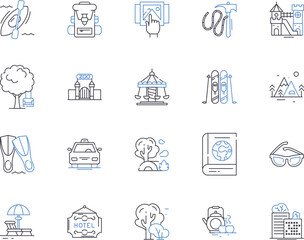 Travel company outline icons collection. Travel, Company, Tour, Vacation, Agency, Journey, Adventure vector and illustration concept set. Reservation, Flight, Cruise linear signs