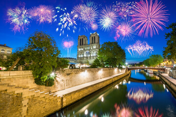 Fireworks display near Notre Dame cathedral in Paris. France