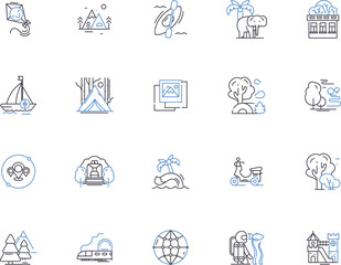 World travel outline icons collection. tourism, journey, trips, explorer, expeditions, wanderlust, cruises vector and illustration concept set. explorer, flight, excursions linear signs
