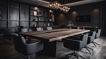 Stylish Office with Dark Boardroom Furniture: Perfect for Meetings and Teamwork Ideas. Generative AI