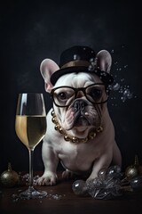 Let the Countdown Begin! Cute French Bulldog Celebrates New Year's Eve with Champagne & Goggles. Generative AI