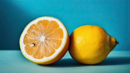 Rejuvenating Citrus: A Fresh Lemon Fruit Isolated on a Half Light Blue and Half Sky Blue Creative Stock Photography Background. Generative AI