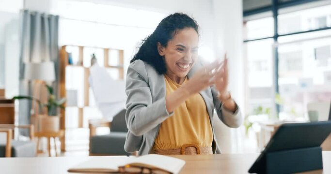 Business woman, celebration and throwing paperwork for promotion, success or winning at office desk. Happy female employee in joy for win with documents in completion, finished or done at workplace