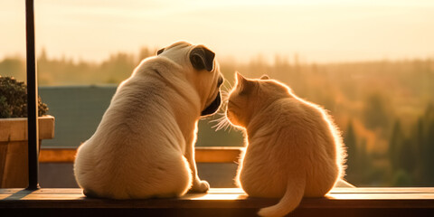 Cat and dog together outdoors. Fluffy friends. funny French buldog puppy and cat - obrazy, fototapety, plakaty