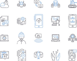 Automation tech outline icons collection. Automation, Technology, Robotics, AI, Machine Learning, Automated, Coding vector and illustration concept set. Software, Control, Processes linear signs