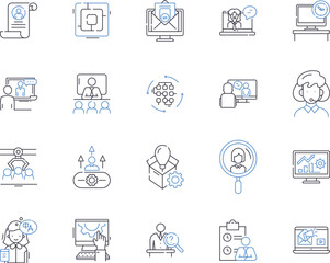 Corporation department outline icons collection. Corporate, Department, Finance, Accounting, Human Resources, Legal, Technical vector and illustration concept set. Marketing, Operations, Sales linear