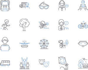 Fototapeta na wymiar Leisure and holidays outline icons collection. Tourism, Vacation, Pleasure, Relaxation, Recreation, Fun, Excursions vector and illustration concept set. Adventures, Sights, Respite linear signs
