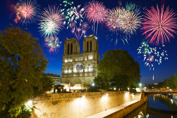 Fireworks display near Notre Dame cathedral in Paris. France