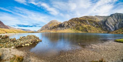 Llyn Idwal and Tryfan peak panorama in Snowdonia. North Wales