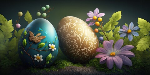 Obraz na płótnie Canvas Background Easter Eggs and Spring. Generative AI