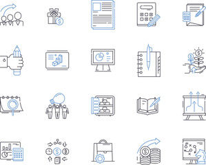 Credit management outline icons collection. Credit, Management, Accounts, Loans, Debts, Financials, Reconcile vector and illustration concept set. Risk, Evaluation, Monitoring linear signs