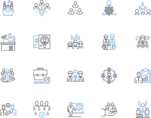Corporate Management outline icons collection. Corporate, Management, Leadership, Organizing, Planning, Structure, Strategies vector and illustration concept set. Executing, Directing, Decision-Making