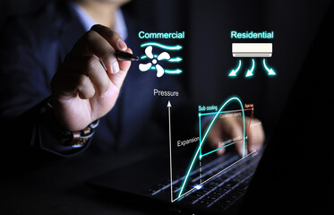 Air conditioner engineer using computer for cooling system design with ph diagram or pressure...