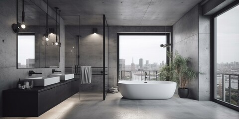 Obraz na płótnie Canvas A sleek Minimalist Bathroom with Concrete flooring and Metal fixtures, generative ai