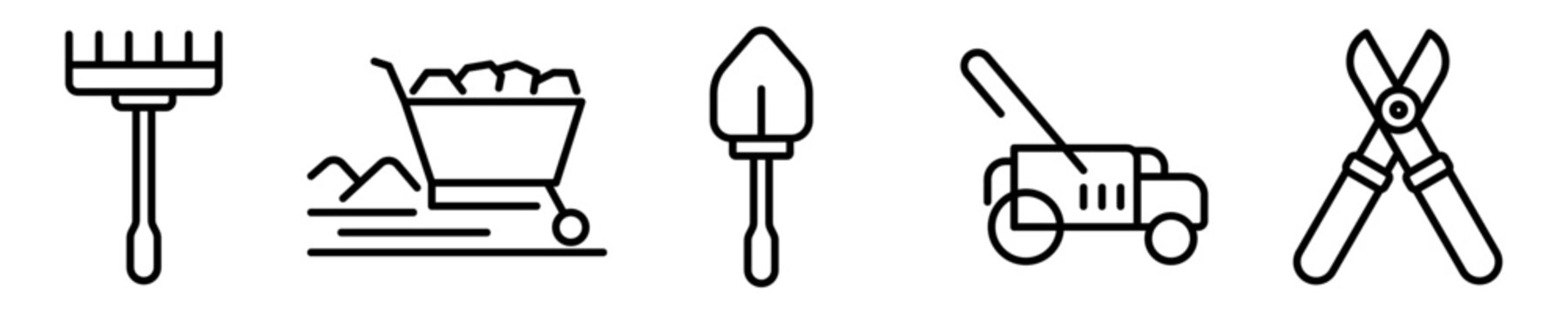 Conjunto de iconos de herramientas para la agricultura. Maquinaria, rastrillo, pala, carretilla, tijera podadora. Ilustraci&oacute;n vectorial