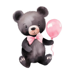 pink bow teddy bear watercolor illustration transparent cute children's book art