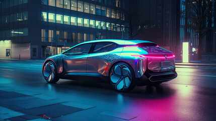 The Future is Now: Advertisement for a High-End Electric Car in city at night, AI generative digital illustration