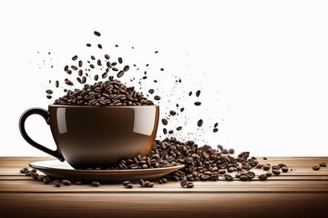 Coffee beans roasting in a hot cup on a wooden table with a white backdrop and copyspace for your words. Generative AI