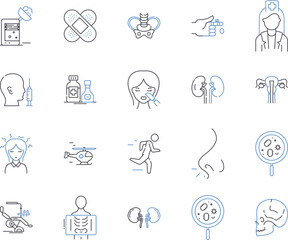 Health therapy outline icons collection. Therapy, Health, Medical, Mental, Wellness, Care, Treatment vector and illustration concept set. Rehabilitation, Physiotherapy, Psychoanalysis linear signs