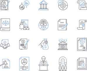 Legal management outline icons collection. Law, Management, Litigation, Compliance, Risk, Dispute, Regulations vector and illustration concept set. Solicitors, Hearings, Contracts linear signs