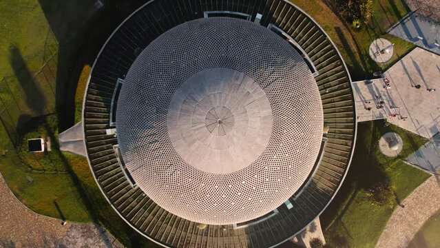 4k overhead video, of planetarium and green natural park at sunset, palermo, buenos aires, argentina