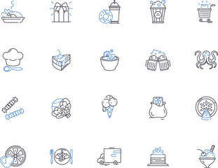 Grocery store outline icons collection. Grocery, Store, Supermarket, Foods, Produce, Fruits, Vegetables vector and illustration concept set. Beverages, Dairy, Meats linear signs