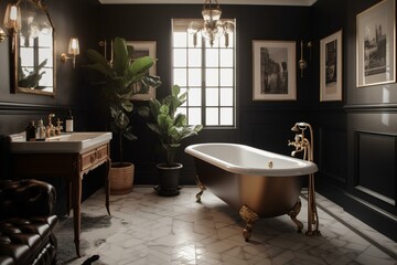 Naklejka na ściany i meble A sophisticated and timeless Traditional Bathroom with leather and brass details, complete with a stunning clawfoot tub and antique-inspired fixtures, generative ai