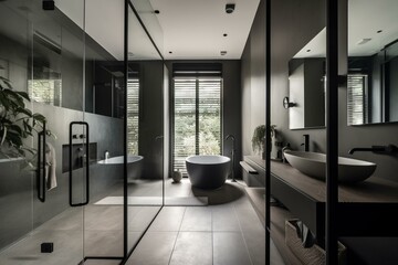 Fototapeta na wymiar A minimalist Bathroom showcasing Metal and Glass elements with a sleek and simple design, generative ai