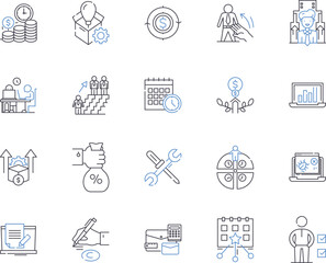 Market analysis outline icons collection. Market, Analysis, Research, Study, Trends, Strategy, Data vector and illustration concept set. Competition, Products, Segmentation linear signs