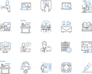 Fototapeta premium Workshop and conference outline icons collection. workshop, conference, training, development, learning, education, skills vector and illustration concept set. knowledge, networking, collaboration