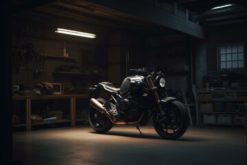 Obraz premium motorcycle in a dark garage, generic, Generative AI