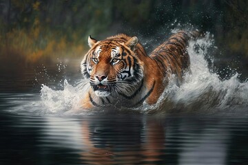 Fototapeta na wymiar Tiger splashed with water. Wild cat in an action wildlife scene in a natural setting. Tiger swimming through the water. Generative AI