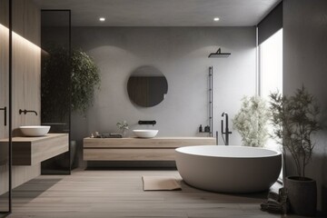 Obraz na płótnie Canvas A minimalist Zen Bathroom with sleek fixtures and neutral tones, generative ai