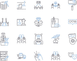 Hobbies and recreation outline icons collection. Hiking, Fishing, Gaming, Gardening, Cycling, Surfing, Running vector and illustration concept set. Painting, Swimming, Yoga linear signs