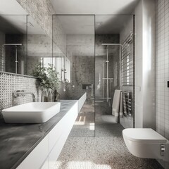 Naklejka na ściany i meble A striking minimalist bathroom with sparkling glass surfaces and a minimalist chrome faucet, generative ai