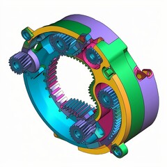 a 3D model of a complex gear rotator in multiple colors, in the style of foreshortening techniques, precision of detail, precisionist style, multidimensional layers, cad, FEM, detailed sketching, ai