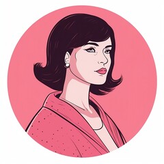 an image of a woman with earrings, in the style of mid-century illustration, dark pink and white, detailed character design, studio portraiture, rounded, celebrity and pop culture references, ai
