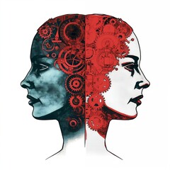  two heads of females with gears in their head, in the style of light black and red, stylized portraiture, highly detailed illustrations, split toning, humanistic empathy, digital print, scientific ai