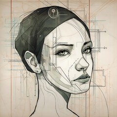 modern female face portrait illustration, in the style of industrial futurism, monochrome geometry, architectural drawing, trapped emotions depicted, ai