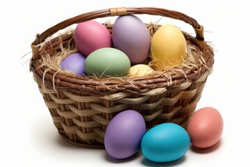 Fototapeta na wymiar Isolated against a white background, colorful crafted easter eggs are displayed in a basket. Generative AI