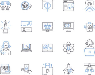 Fototapeta premium Media corporation outline icons collection. Media, Corporation, Publishing, News, Print, Digital, Network vector and illustration concept set. Broadcast, Content, Video linear signs