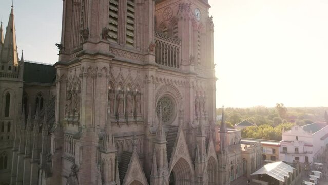 4k video, Basilica of Our Lady of Luj&aacute;n - Luj&aacute;n basilica with clock towers in Lujan, Buenos Aires, Argentina. aerial view